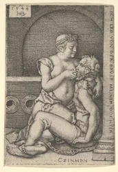 Cimon satte sig mot en kolonn till höger, diande från Pero som ligger på knä bredvid honom, 1544.