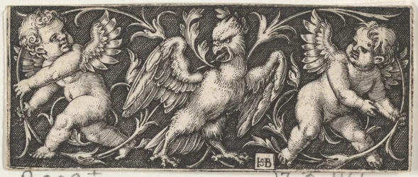 Horisontell panel med en örn flankerad av två genier, 1544.