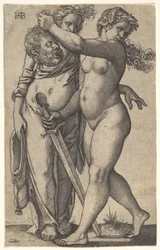Judith går till vänster med Holofernes huvud i höger hand och ett svärd..., ca. 1530-50.