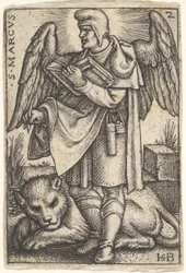 Plåt 2: Markus, hans huvud vänt i profil åt vänster, med en öppen bok i hans högra..., 1541.