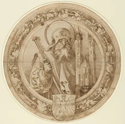 Saint Sebald bär modellen av sin kyrka i Nürnberg