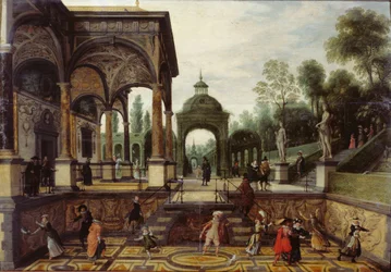 Italiensk trädgård med galleri och figurer, första tredjedelen av 1600-talet..