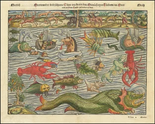 Ca.1570 Karta över land- och havsmonster av Sebastian Munster