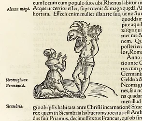 En häxa tillkallar en trehövdad demon, från 1550 års upplaga av 