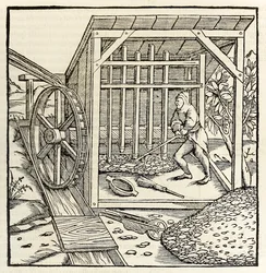 Gruvdrift med vattenhjul, från 1550 års upplaga av 