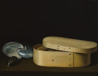 Stilleben med snäckor och en träspånlåda, sent 1620-tal.