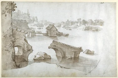 En utsikt över Tibern med ruinerna av Ponte Rotto (ovanför Aventine), Marmorata och Ripa Grande (penna & brunt bläck med bruna och gråa tvättar på vitt papper)