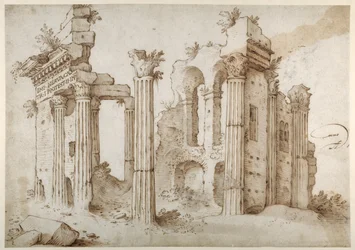Kolumnerade ruiner av Temple of Minerva, Forum of Nerva, Rom (penna och brunt bläck med tvätt på papper)