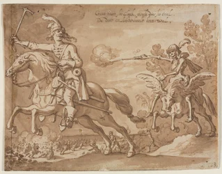 Döden på hästryggen jagar en flygande riddare, 1631.