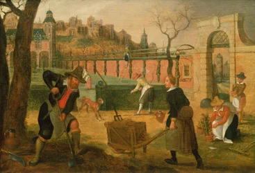 Trädgårdsmästare på jobbet (olja på panel)