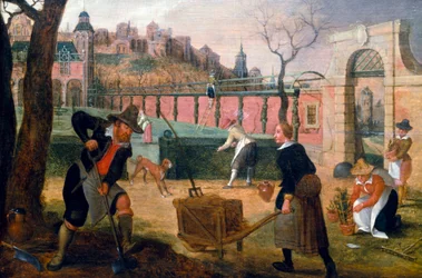 Trädgårdsmästare i arbete i en formell trädgård i utkanten av en stad. Målning av Sebastian Vrancx (1573-1647). Privat samling.