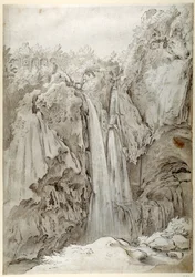 Rocks and falls of the Aniene at Tivoli (penna & brunt bläck med brun tvätt på vitt papper)