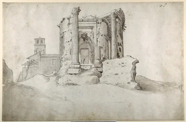 Ruinerna av Temple of the Tiburtine Sibyll at Tivoli (penna & brunt bläck med gråbrun tvätt på vitt papper)