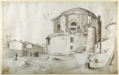 S. Maria della Febbre, med Sixtus IV:s begravningskapell och väggen i Gamla Peterskyrkan, Rom, till höger (penna och brunt bläck med brun tvätt på vitt papper)