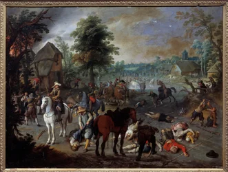 Scen för plundring i en by Målning av Sebastien Vrancx (1573-1647) (ec.flam.) 1600-talet Nimes, Museum of Fine Arts
