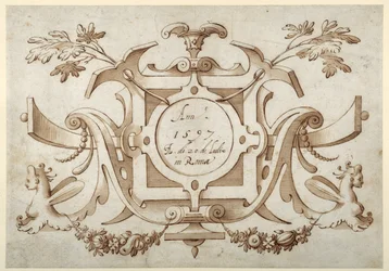 Strapwork cartouche associerad med uppsättningen av hans Roman Views (penna & brunt bläck med brun tvätt på papper)