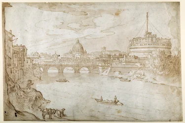 Tibern utsikt mot Peterskyrkan med Vatikanpalatset och Castel S. Angelo (penna & brunt bläck med brun tvätt på vitt papper)