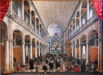 Vy över interiören av jesuiternas kyrka i Antwerpen (olja på trä