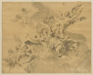 En drottning överlämnad till helvetet av hämnande änglar, ca 1676-1746 (penna, bläck och tvätt på papper)