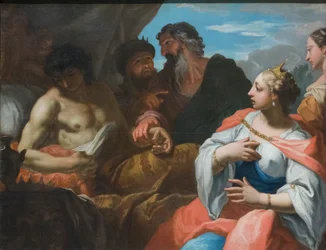 Anthiocus på besök hos läkaren i närvaro av Seleukus och Stratonice, sent 1600-tal (olja på duk)