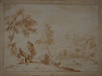 Omfattande pastoralt landskap med Hill-town, ca 1720 (brunt bläck och tvätt)