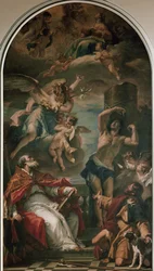 Jungfrun i ära med ärkeängeln Gabriel, St Eusebius, St Sebastian och St Roch (olja på duk