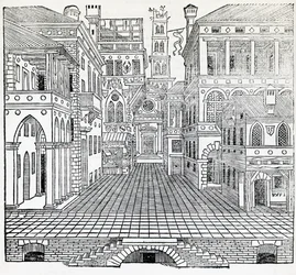 Magisk scen, teaterkuliss ritad av Sebastiano Serlio (1475-1554), illustration ur Avhandling om arkitektur, bok II