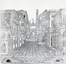 Magisk scen, scendesign av Sebastiano Serlio (1475-1554), illustration från Treatise on Architecture, Bok II
