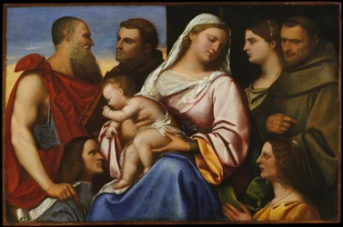 Madonna och barn med helgon och donatorer, ca 1485-1547 (olja på trä)