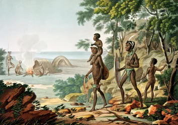 Port Jackson, New Holland: Aboriginal Family, från "Voyage Autour du Monde sur les Corvettes de L
