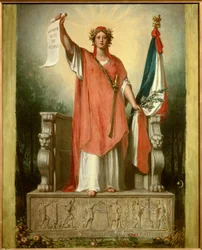 Republiken. Personifiering av republiken (Marianne) med ett pergament på vilket det står skrivet "folkets suveränitet"" och den trefärgade flaggan. Målning av Sebastien Cornu (1804-1870)