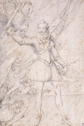 Kung Henrik IV, fullängd, en trofé av de osmanska armarna vid hans fötter, höjer en rulla framför en örn (svart krita, penna och brunt bläck med blått tvätt)