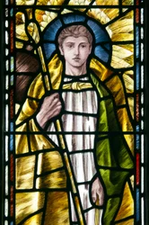Mortehoe, St Mary, Heaton Butler & Bayne, Selwyn Image, Archangel St Raphael detalj, ca 1890
