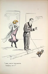 Par som väntar på att en hund ska avsluta sin verksamhet, ca 1921 (färg litho)