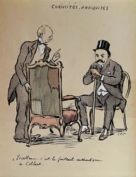 Rich Art Collector inspekterar en stol som påstås ägas av Colbert. c.1919 (lito i färg)