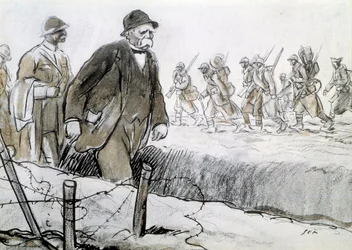 Första världskriget: Porträtt av Clemenceau (1841-1929) i ett hölje som besöker fronten. Teckning av Georges Goursat dit Sem (1863-1934)