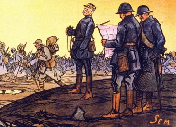 General Ferdinand Foch (1851 - 1929) betraktar sina trupper när de marscherar över slagfältet. Detalj av en affisch för det nationella lånet "Under den sista kvarten... hjälp mig! Teckningar till det nationella lånet tas emot av Sem"