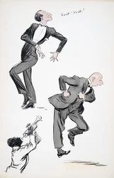 Två kostymklädda män dansar medan en musiker spelar trumpet, från White Bottoms, pub. 1927 (färgblocktryck)