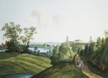 ""Landskap med en gård i parken i Tsarskoye Selo"" av Semyon Fyodorovich Shchedrin (Semion Chtchedrine) (1745-1804). Gouache och bläck på papper