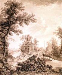 Vy över Connetable Obelisk i Gatchina, graverad av Ivan Dmitrievich Telegin (f.1779), c.1800 (etsning med gravyr)