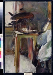 Konstnär Olga Natalyina på jobbet (Konstnär Olga Natalyiana på jobbet). Målning av Semyon Gavrilovich Nikiforov (1877-1912), olja på duk