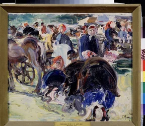 En mässa (A Fair). Provinsiell marknadsplats med bondkvinnor och handlare. Målning av Semyon Gavrilovich Nikiforov (1877-1912), olja på duk
