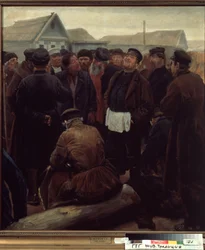 Möt landsbygden. (På landsbygdsmötet). Grupp ryska bönder framför gårdar. Verk av Sergei Alexeyevich Korovin (1858-1908), olja på papper