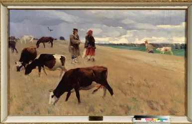 On the Stubble Field - Målning av Sergei Arsenyevich Vinogradov (1869-1938), olja på duk