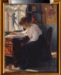 I en studie (In a Study) - Målning av Sergei Arsenyevich Vinogradov (1869-1938), olja på duk, rysk konst 1800-1900-talet - Statens konstmuseum för Republiken Karelen, Petrozadvosk (Ryssland)