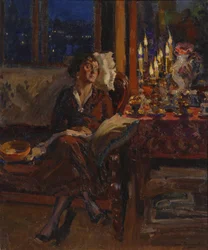 Dam med bok i en interiör, 1917