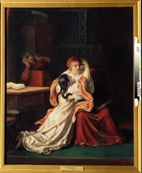 Tsarina Kseniya Godunova (1581-1622) (Tsarevna Kseniya Godunova). Ett räddt barn som rusar in i någons famn. Målning av Sergei Ivanovich Gribkov (1820-1893), olja på duk, rysk konst från 1800-talet. Regional Art Gallery, Tver (Ryssland)