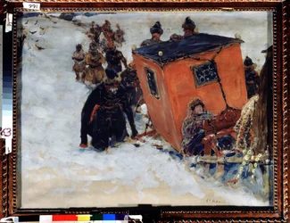 Släden stänger bojarer (boiard, boiar) (ryska aristokrater) (Bojarens stängda släde). Verk av Sergei Vasilyevich Ivanov (1864-1910), olja på papper