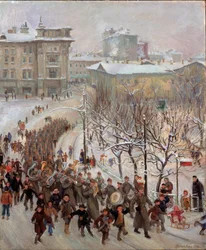 Röda arméns män. Parad av Sovjetunionens trupper på gatorna i en snötäckt stad under andra världskriget (1939-1945), föregås av marschbandet och åtföljda av glada barn. Målning av Sergei Ivanovich