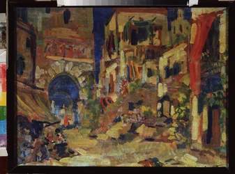Utsikt över en gata. Förberedande dekor för operan Don Quichotte av Jules Massenet (1842-1912). Målning av Sergei Ivanovich Petrov (1881-1936), olja på duk. Rysk scenografisk konst, 1900-talet. State Central M. Glinka Museum of Music, Moskva.